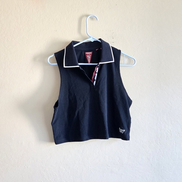 Superdry Black Crop Polo Tank with Red Logo and White Trim - Picture 1 of 9